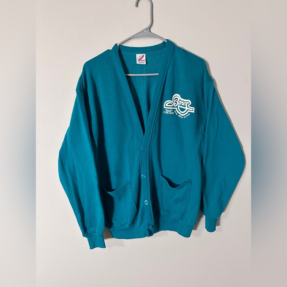 Vintage Jerzees Teal Open button down Cardigan with Bones logo size large
